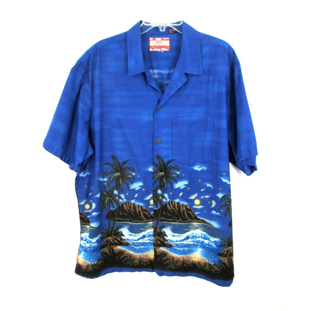 RJC Hawaii Men 2XL Tropical Palm Tree Island Vacation Button Up Camp Shirt Blue